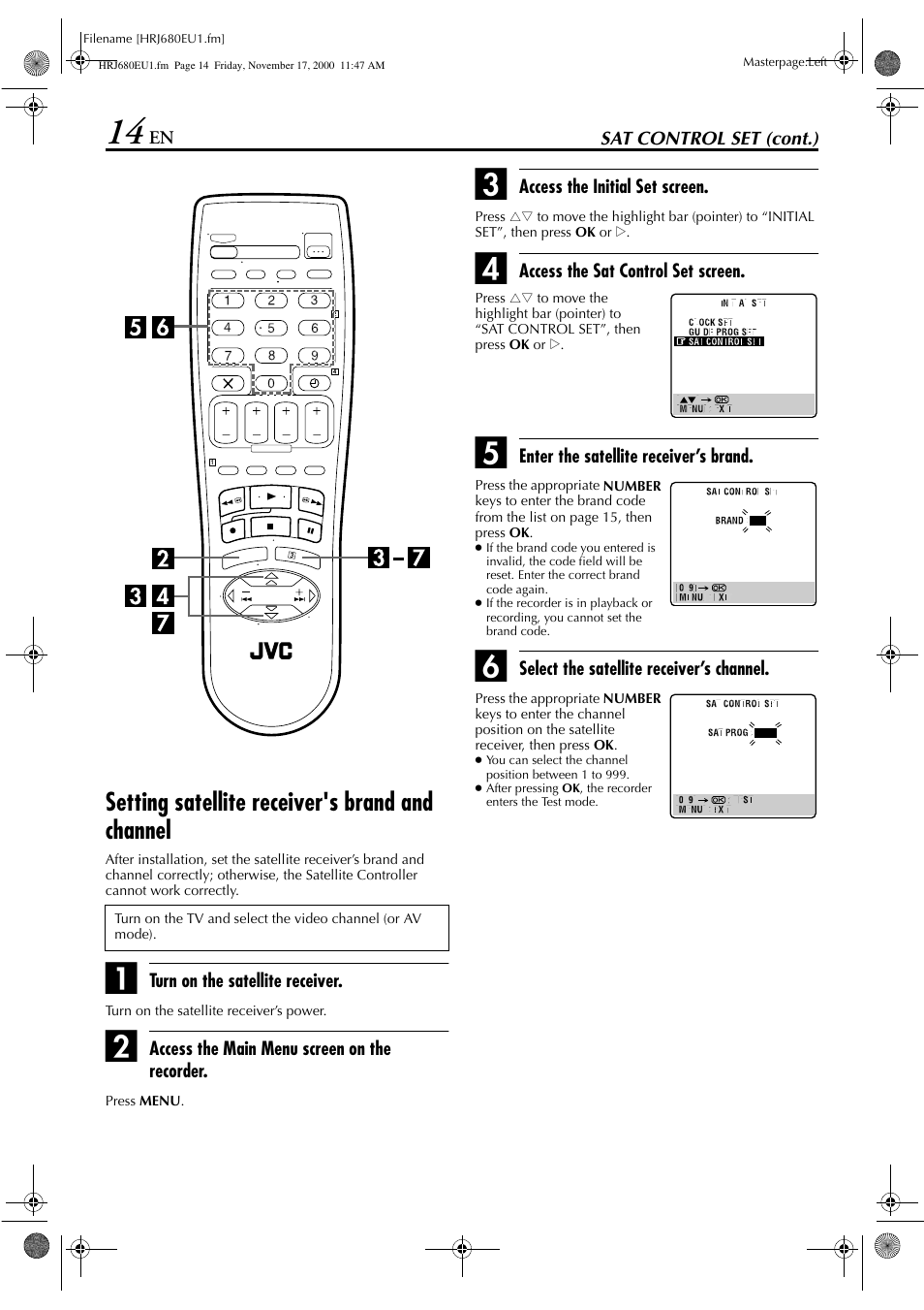 Setting satellite receiver's brand and channel | JVC HR-J589EU User Manual | Page 14 / 56