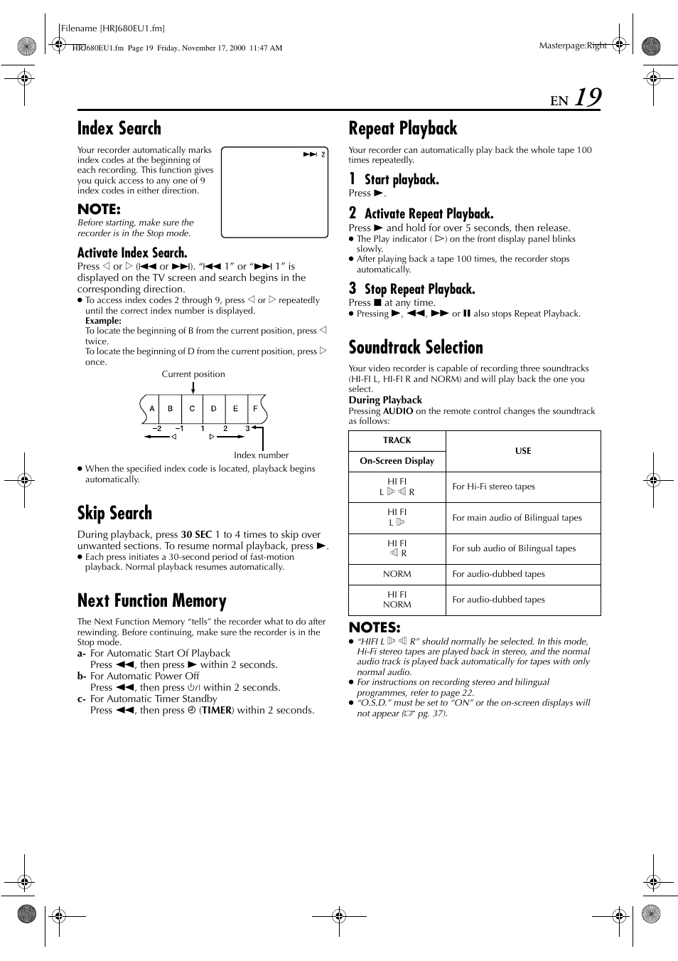 Index search, Skip search, Repeat playback | Soundtrack selection, Activate index search, Start playback, Activate repeat playback, Stop repeat playback | JVC HR-J589EU User Manual | Page 19 / 56