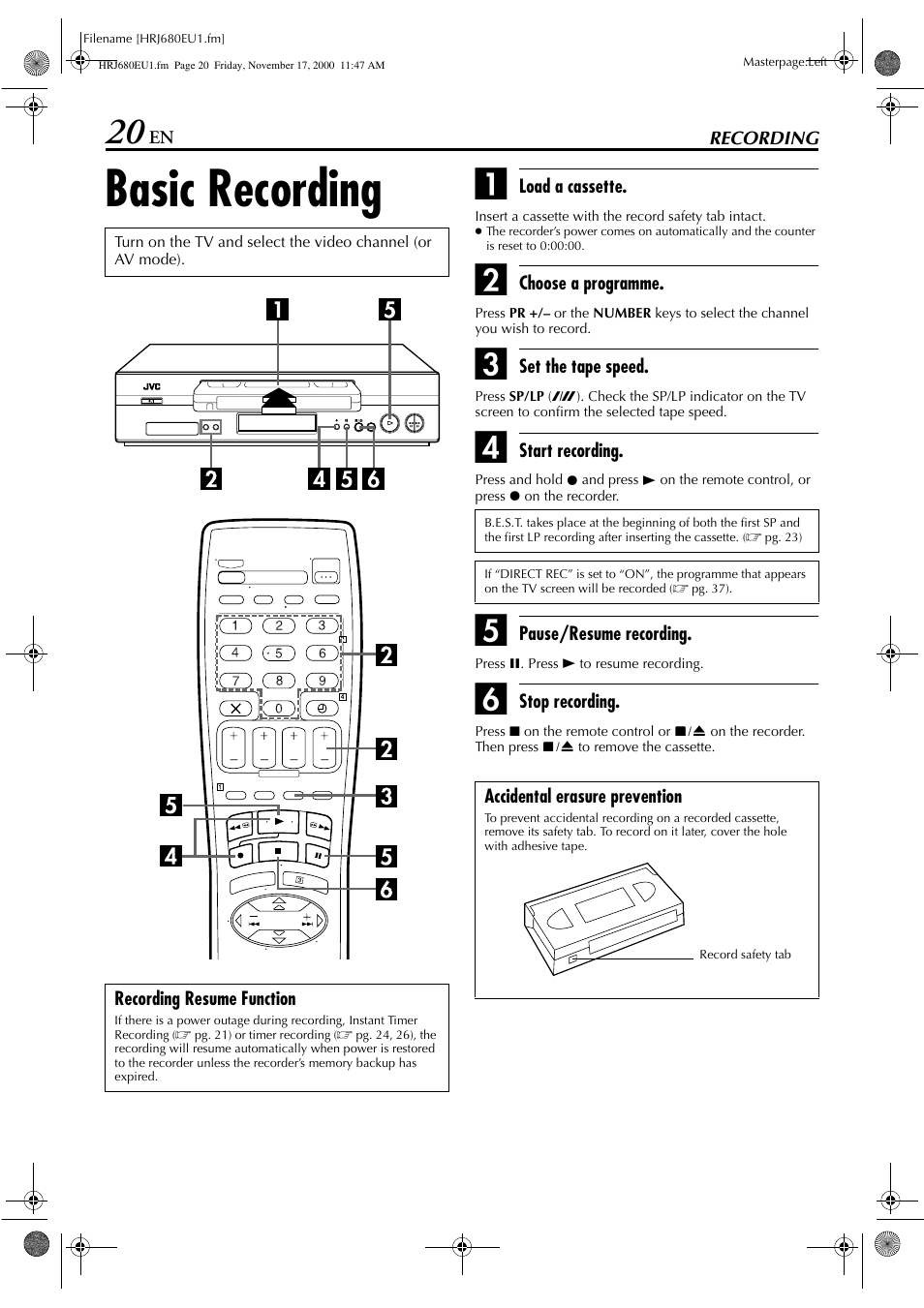 Recording, Basic recording | JVC HR-J589EU User Manual | Page 20 / 56