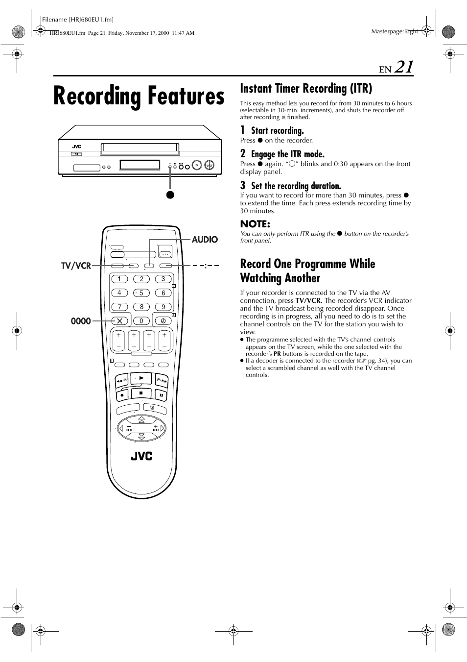 Recording features, Instant timer recording (itr), Record one programme while watching another | JVC HR-J589EU User Manual | Page 21 / 56