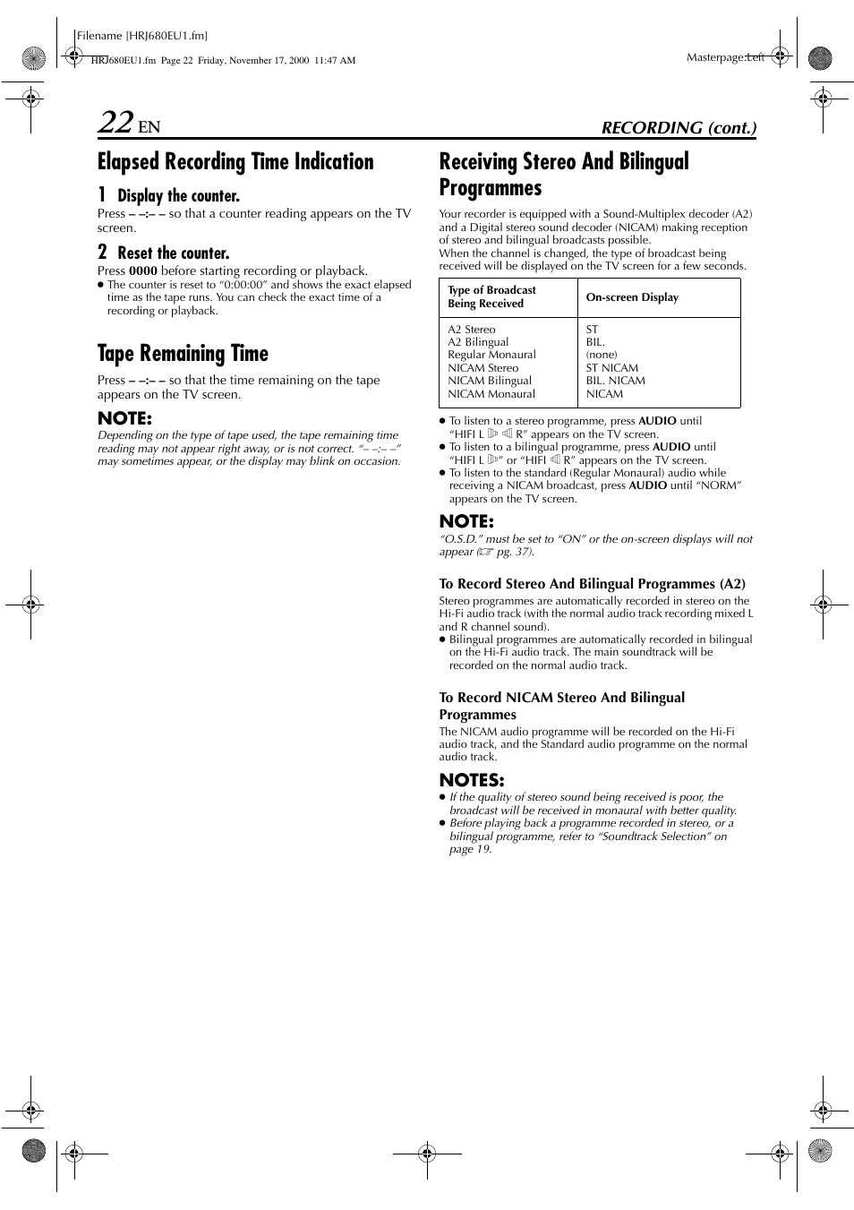 Elapsed recording time indication, Tape remaining time, Receiving stereo and bilingual programmes | En recording (cont.), Display the counter, Reset the counter | JVC HR-J589EU User Manual | Page 22 / 56