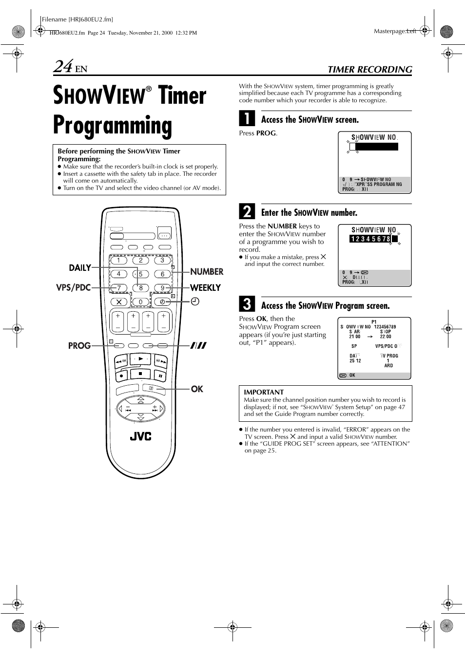 Timer recording, Timer programming | JVC HR-J589EU User Manual | Page 24 / 56