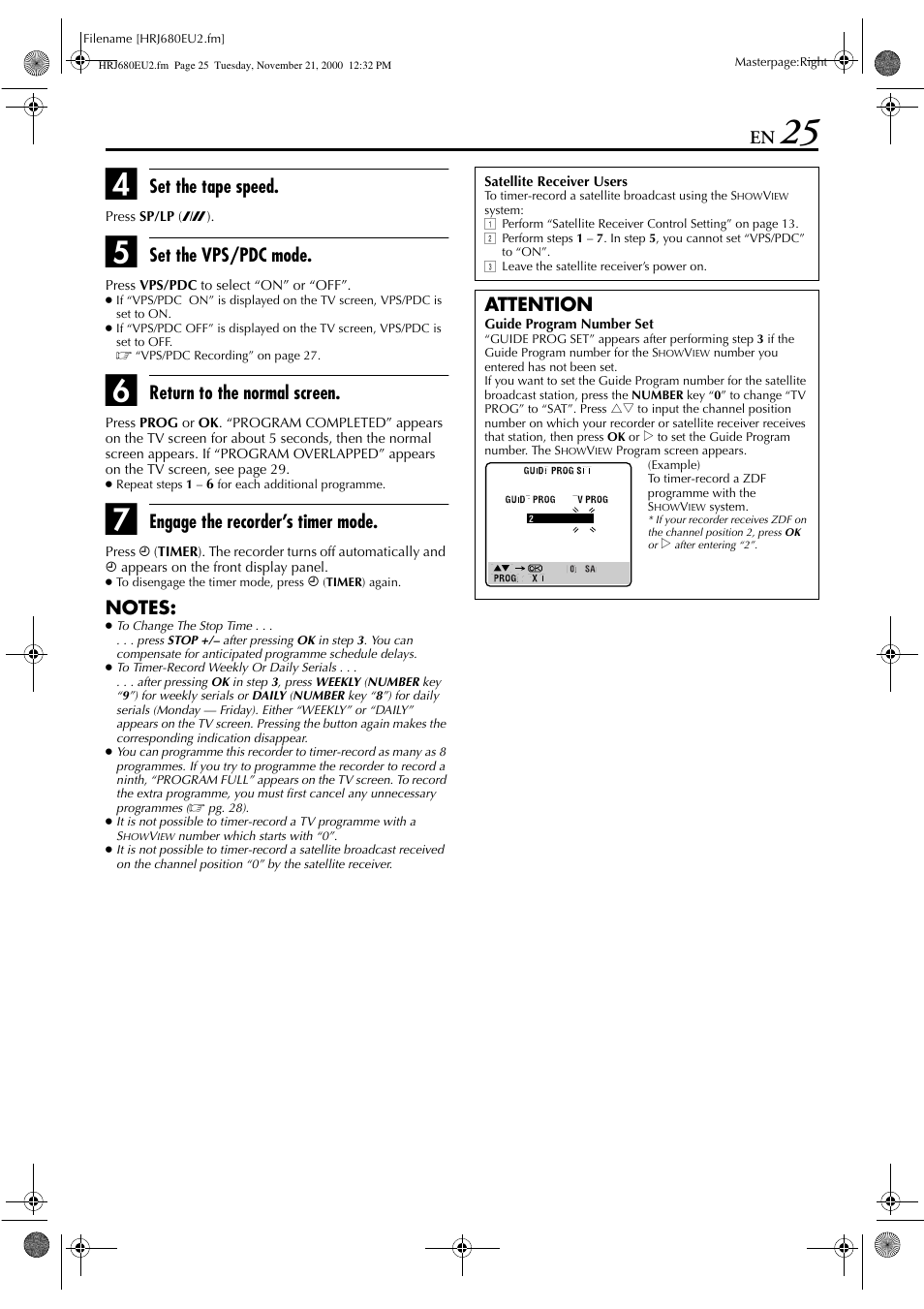 Set the tape speed, Set the vps/pdc mode, Return to the normal screen | Engage the recorder’s timer mode, Attention | JVC HR-J589EU User Manual | Page 25 / 56