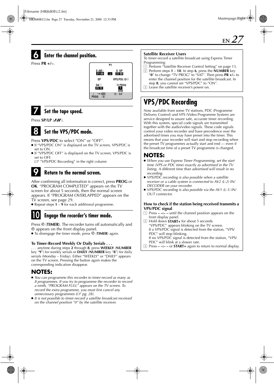 Vps/pdc recording | JVC HR-J589EU User Manual | Page 27 / 56