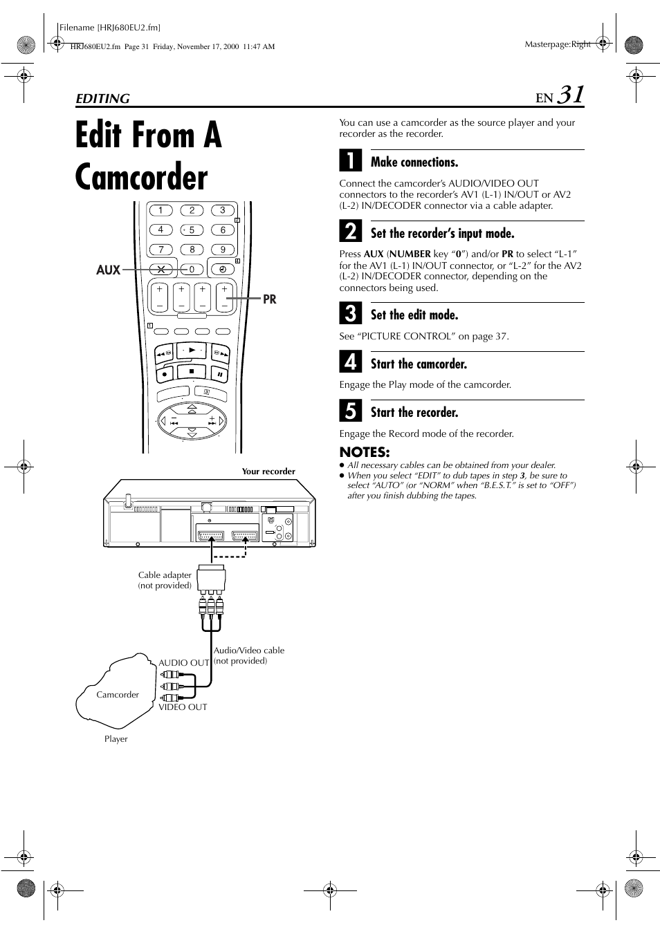 Editing, Edit from a camcorder | JVC HR-J589EU User Manual | Page 31 / 56