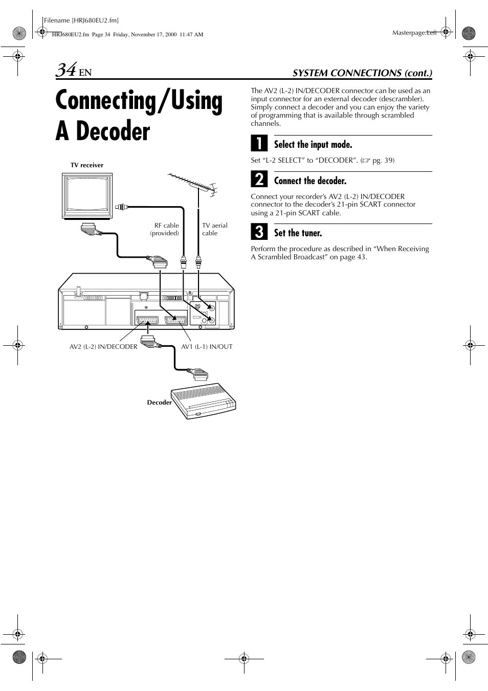 Connecting/using a decoder | JVC HR-J589EU User Manual | Page 34 / 56