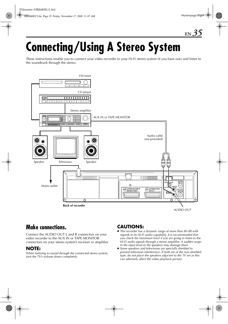 Connecting/using a stereo system, Make connections | JVC HR-J589EU User Manual | Page 35 / 56