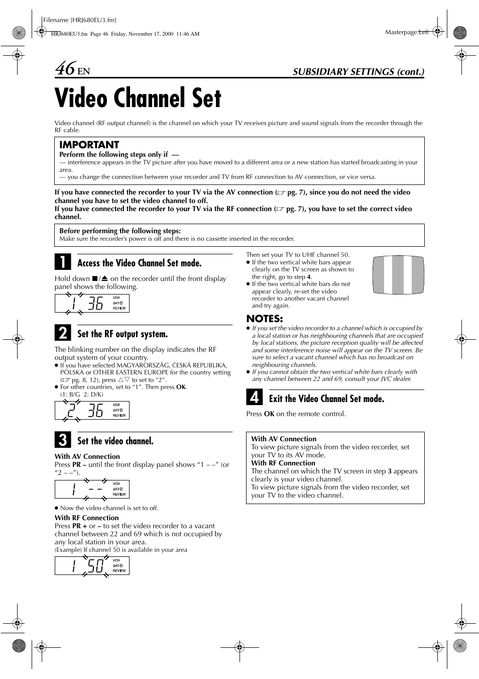 Video channel set | JVC HR-J589EU User Manual | Page 46 / 56