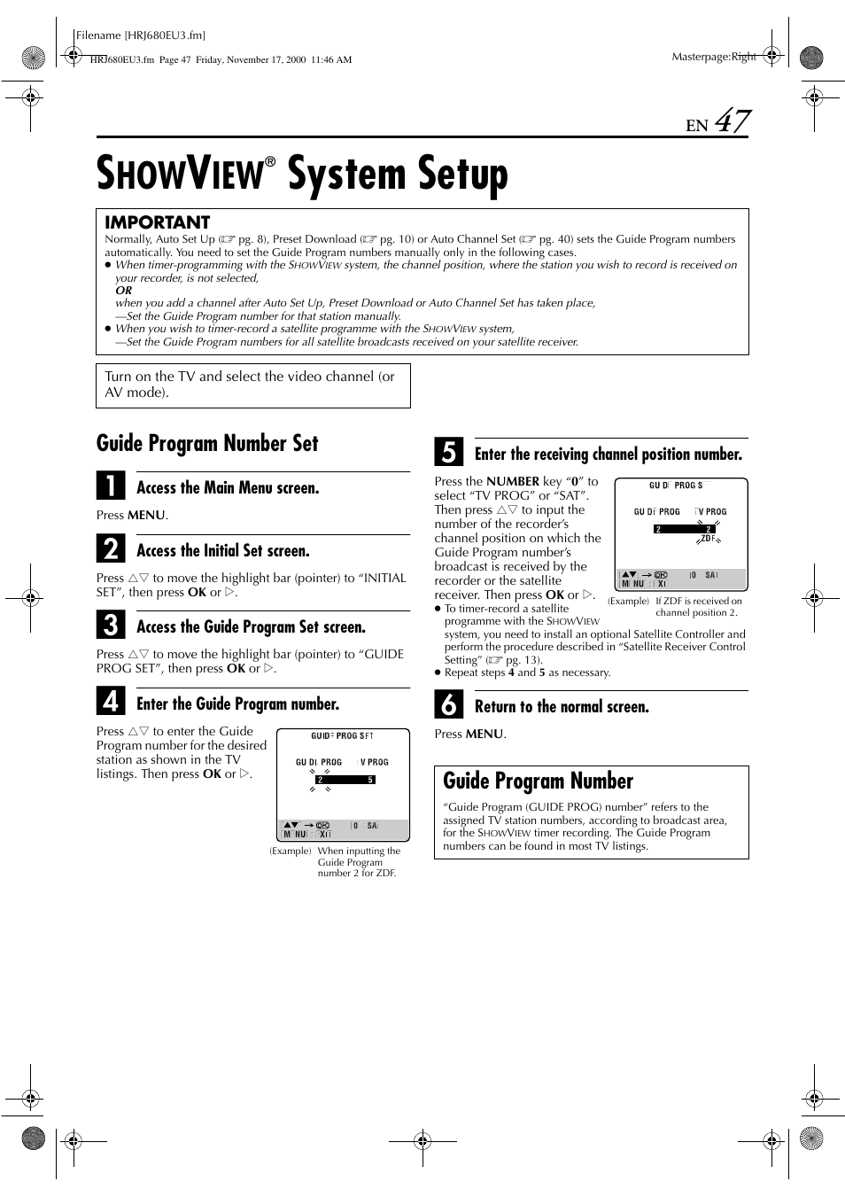 System setup, Guide program number set, Guide program number | JVC HR-J589EU User Manual | Page 47 / 56