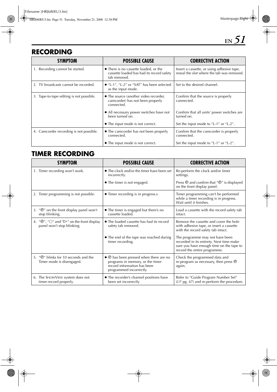 Recording timer recording, Symptom possible cause corrective action | JVC HR-J589EU User Manual | Page 51 / 56