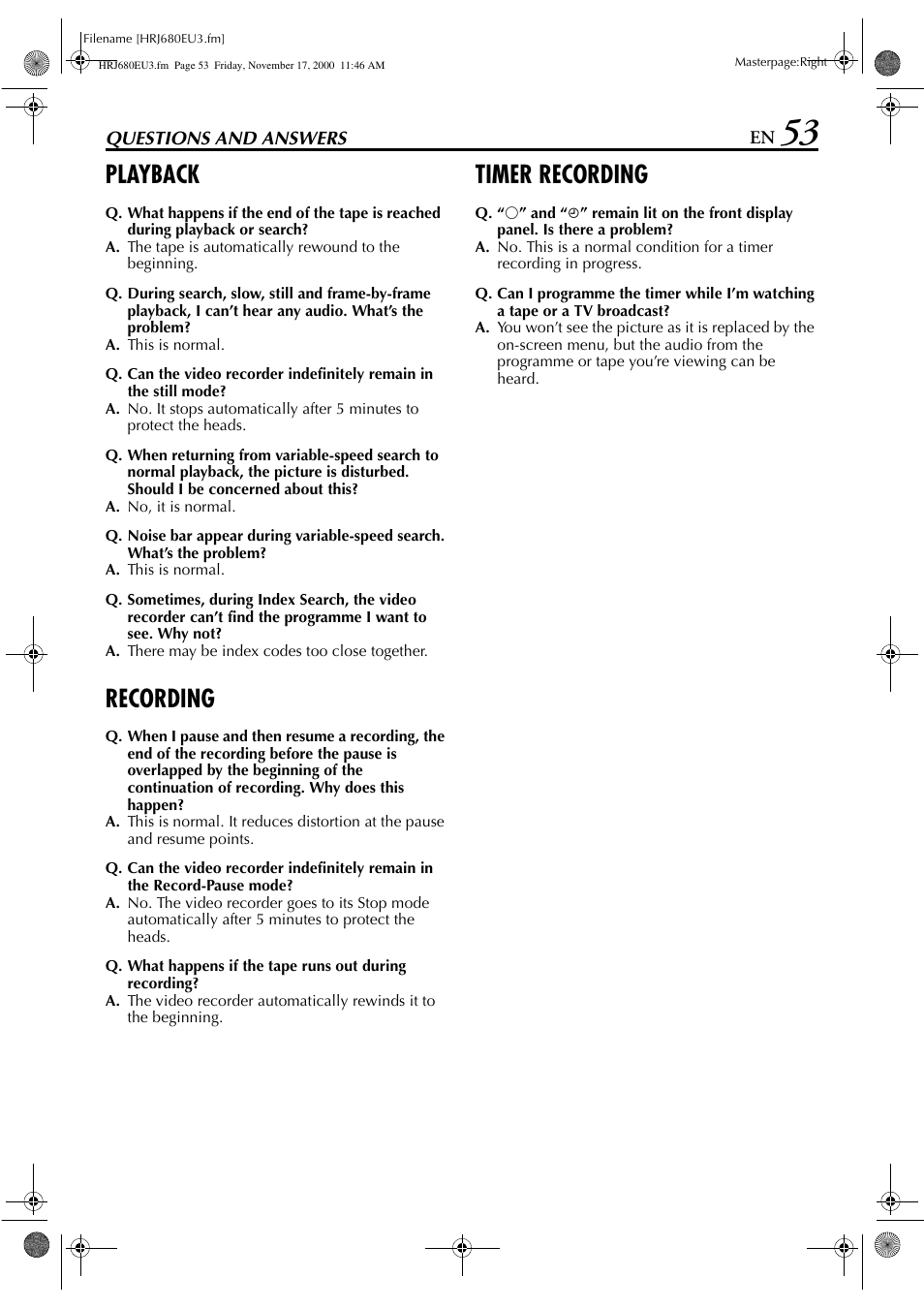 Questions and answers, Playback, Recording | Timer recording | JVC HR-J589EU User Manual | Page 53 / 56