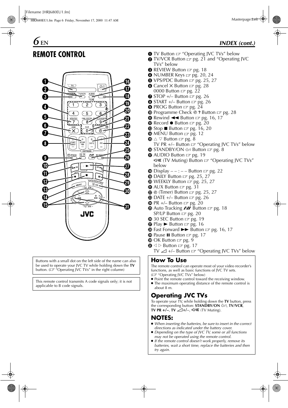 Remote control, En index (cont.), How to use | Operating jvc tvs | JVC HR-J589EU User Manual | Page 6 / 56