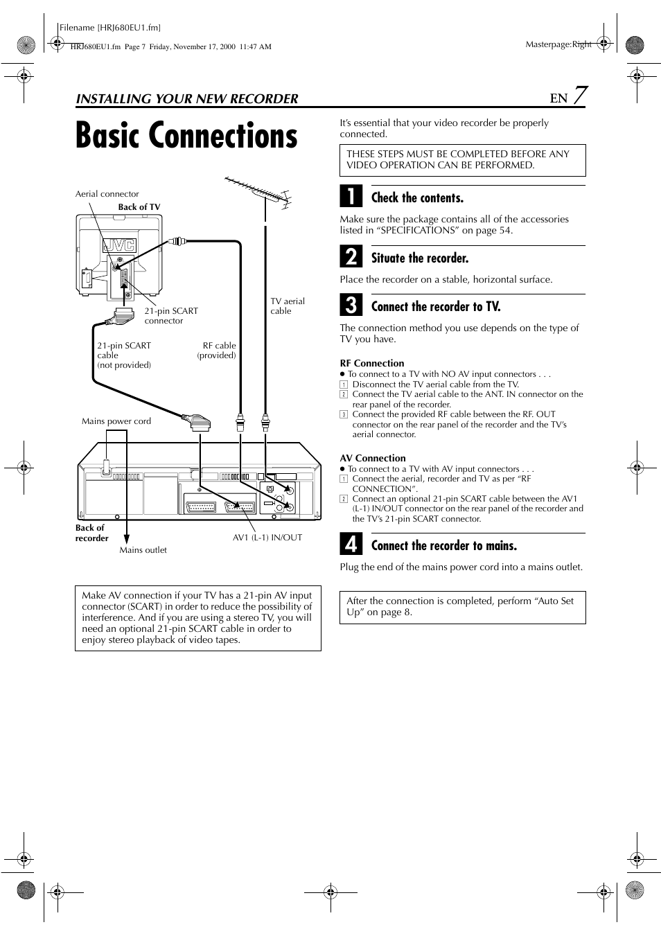 Installing your new recorder, Basic connections | JVC HR-J589EU User Manual | Page 7 / 56