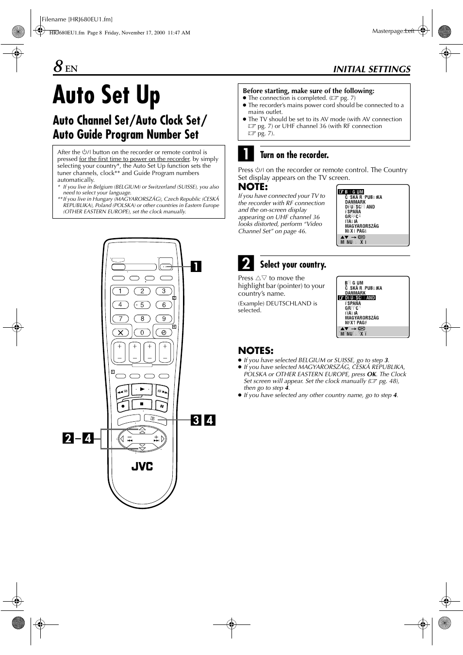 Initial settings, Auto set up | JVC HR-J589EU User Manual | Page 8 / 56