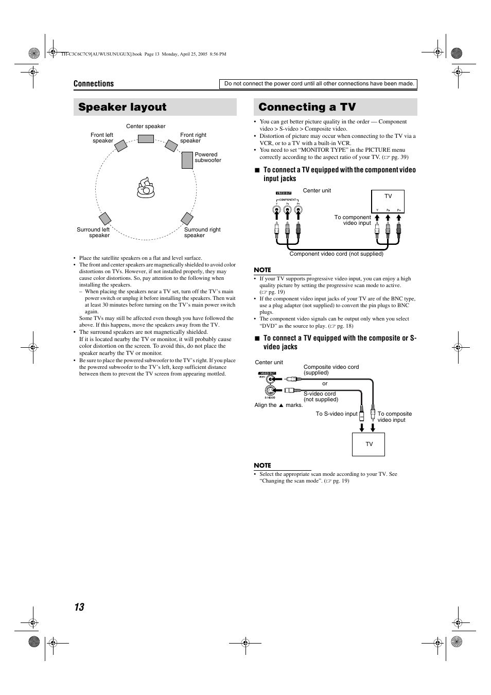 Speaker layout, Connecting a tv | JVC TH-C9 User Manual | Page 16 / 49