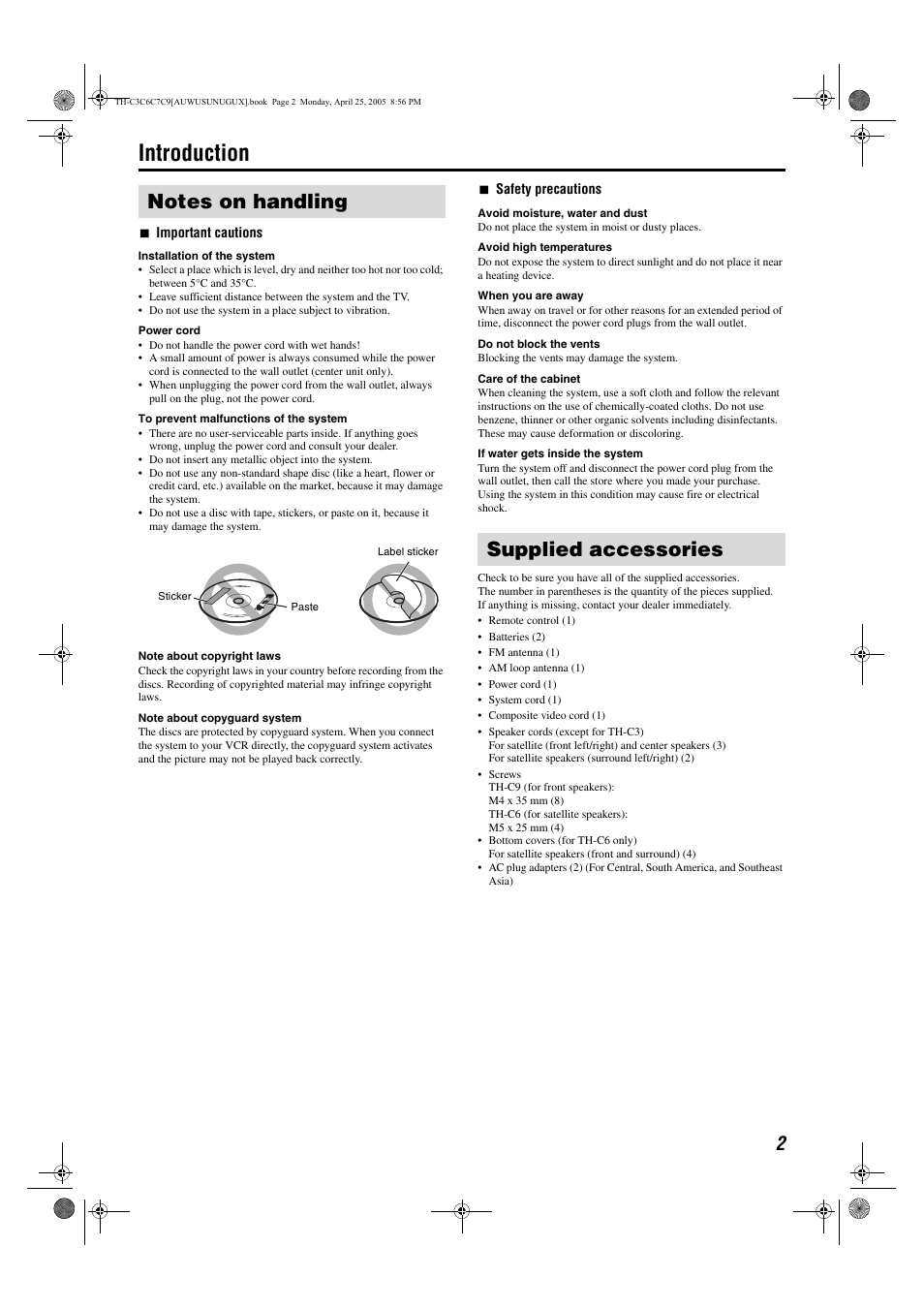 Introduction, Supplied accessories | JVC TH-C9 User Manual | Page 5 / 49