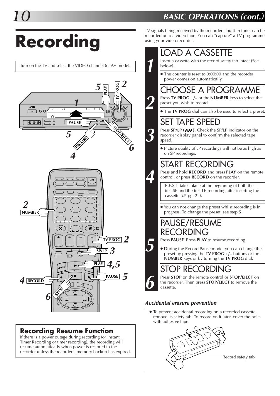 Recording, Load a cassette, Choose a programme | Set tape speed, Start recording, Pause/resume recording, Stop recording, Basic operations (cont.) | JVC HR-DD855EK User Manual | Page 10 / 60