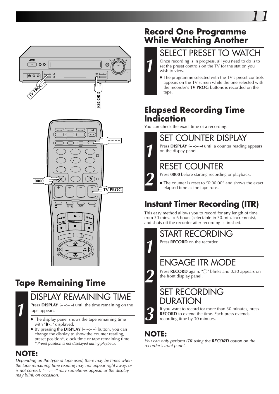 Display remaining time, Set counter display, Reset counter | Select preset to watch, Start recording, Engage itr mode, Set recording duration, Record one programme while watching another, Elapsed recording time indication, Tape remaining time | JVC HR-DD855EK User Manual | Page 11 / 60
