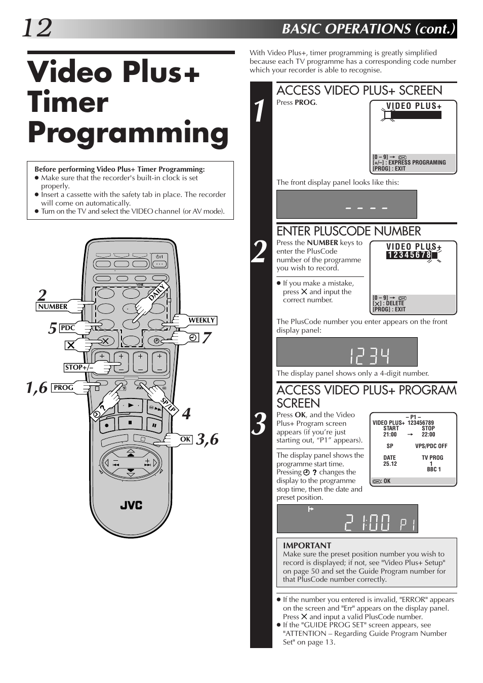 Video plus+ timer programming, Basic operations (cont.), Access video plus+ screen | Enter pluscode number, Access video plus+ program screen | JVC HR-DD855EK User Manual | Page 12 / 60