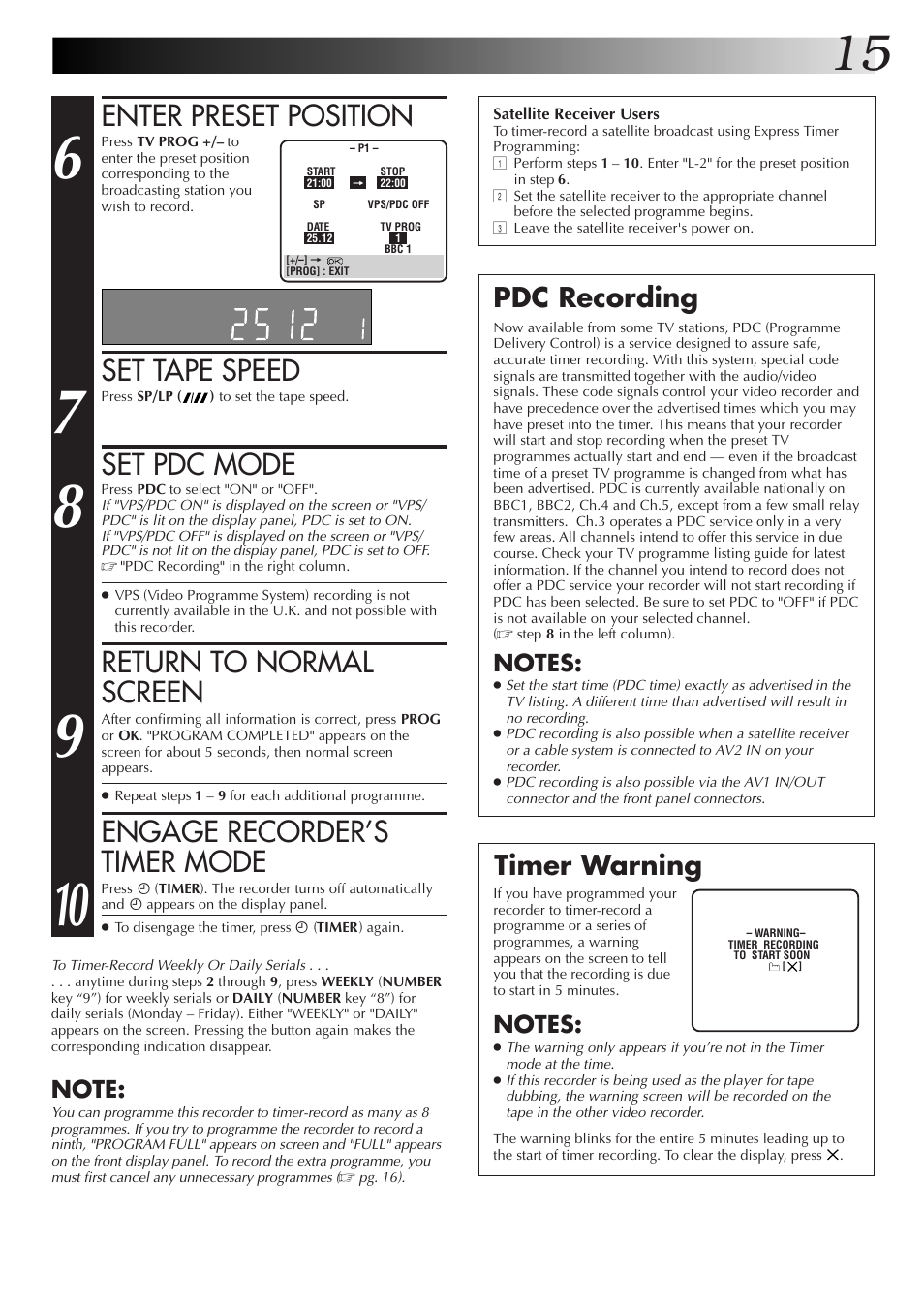 Enter preset position, Set tape speed, Set pdc mode | Return to normal screen, Engage recorder’s timer mode, Pdc recording timer warning | JVC HR-DD855EK User Manual | Page 15 / 60