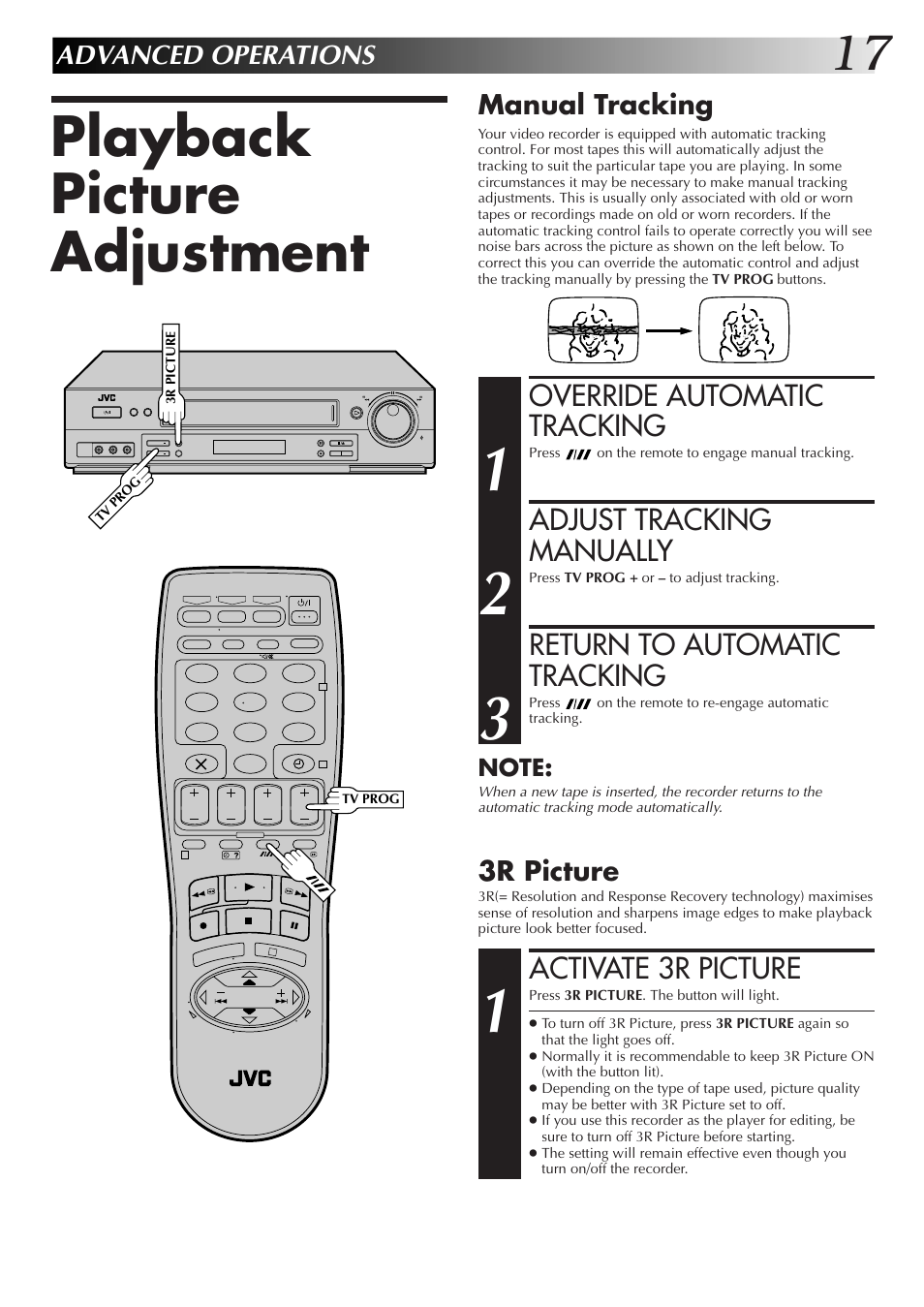 Playback picture adjustment, Override automatic tracking, Adjust tracking manually | Return to automatic tracking, Activate 3r picture, Advanced operations, Manual tracking, 3r picture | JVC HR-DD855EK User Manual | Page 17 / 60