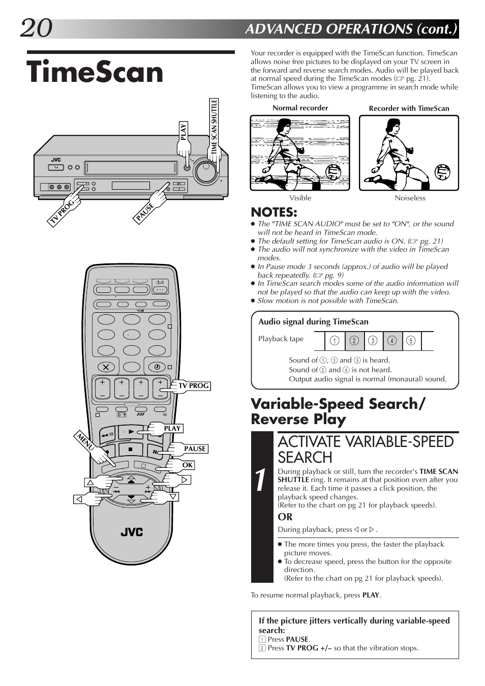 Timescan, Activate variable-speed search, Advanced operations (cont.) | Variable-speed search/ reverse play | JVC HR-DD855EK User Manual | Page 20 / 60