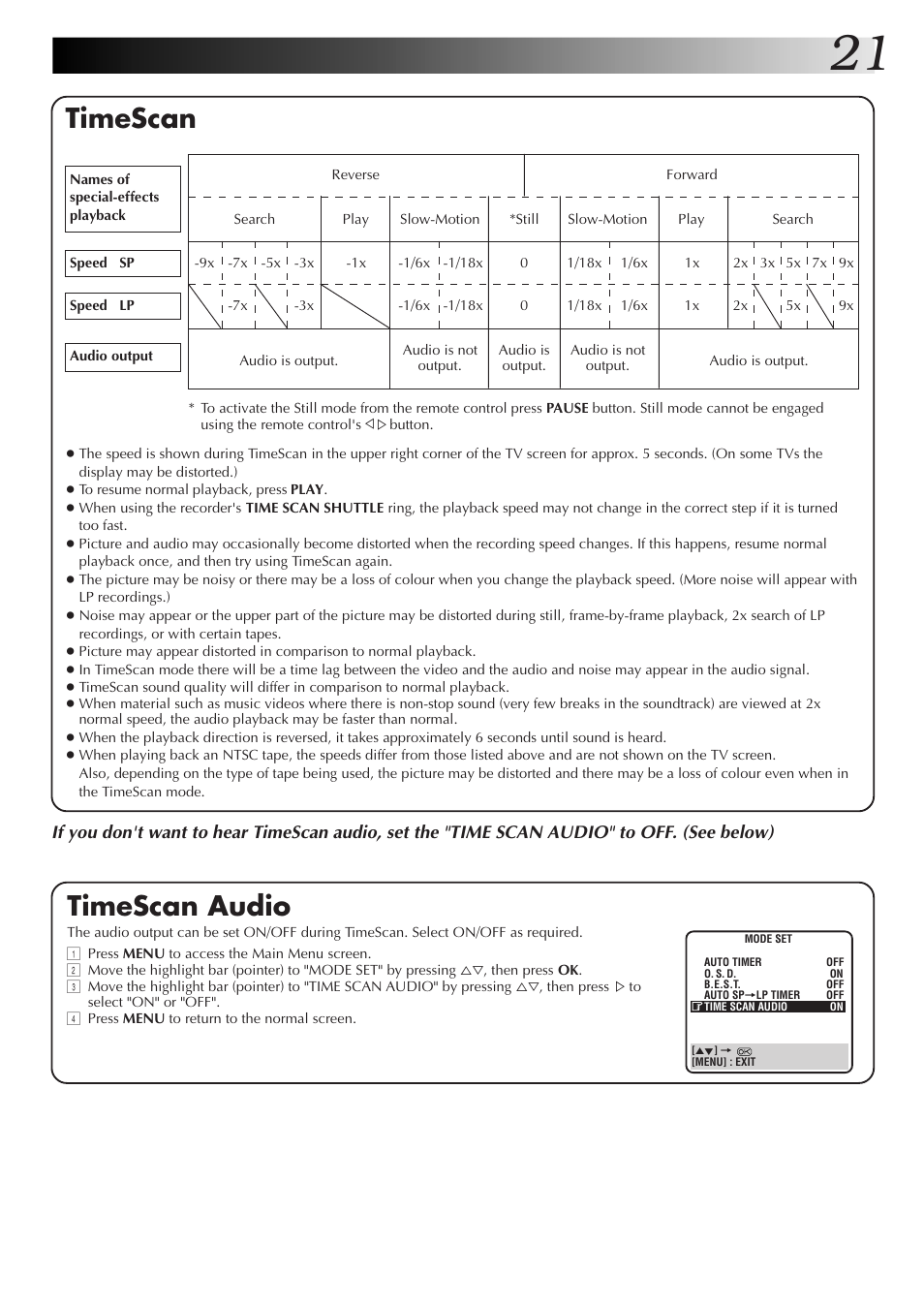 Timescan, Timescan audio | JVC HR-DD855EK User Manual | Page 21 / 60