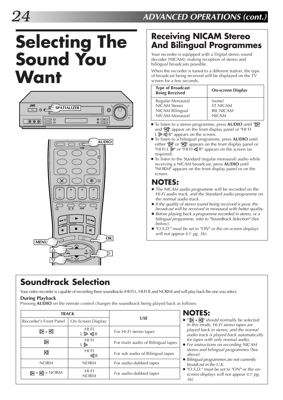Selecting the sound you want, Advanced operations (cont.), Soundtrack selection | Receiving nicam stereo and bilingual programmes | JVC HR-DD855EK User Manual | Page 24 / 60