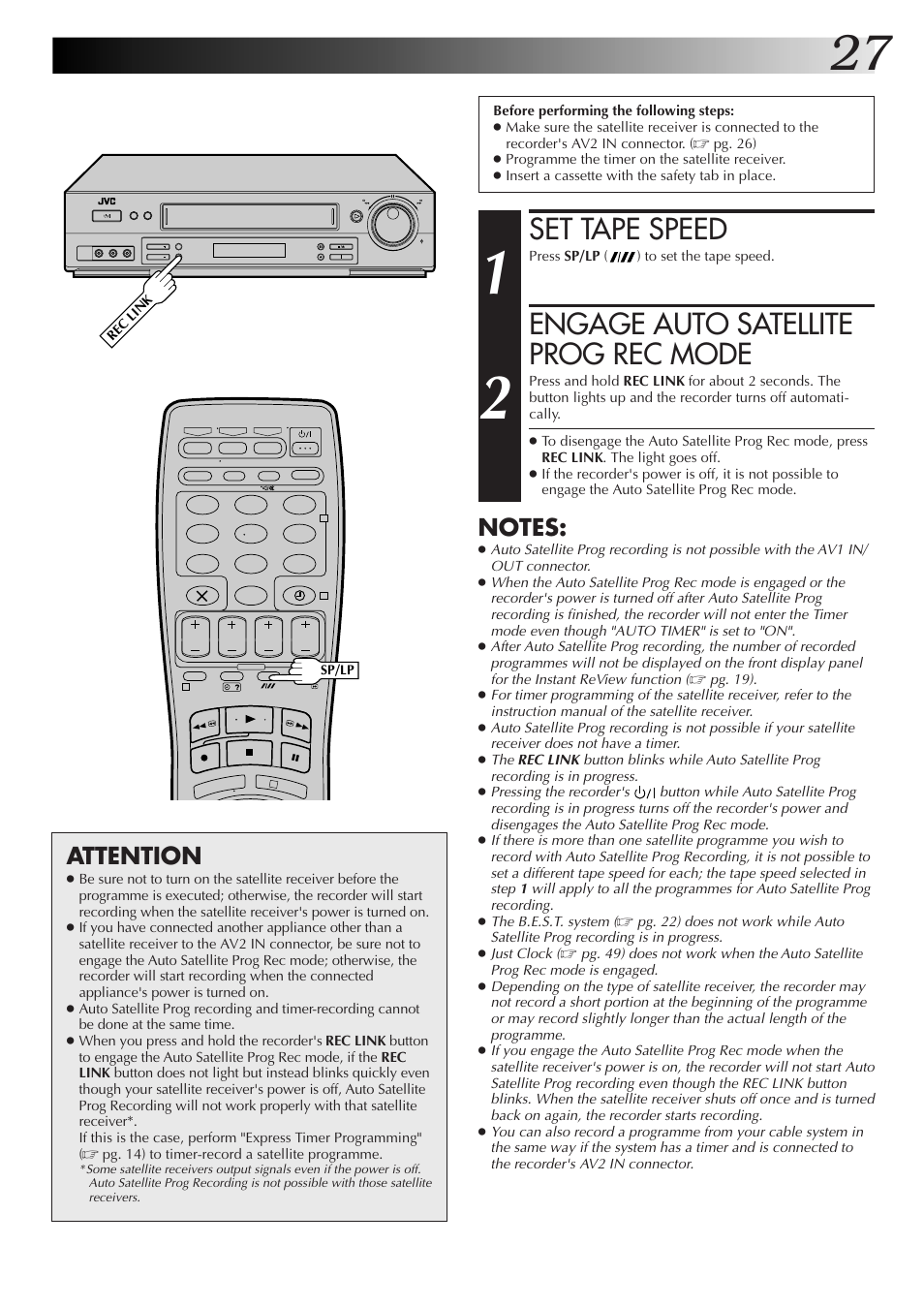 Set tape speed, Engage auto satellite prog rec mode, Attention | JVC HR-DD855EK User Manual | Page 27 / 60