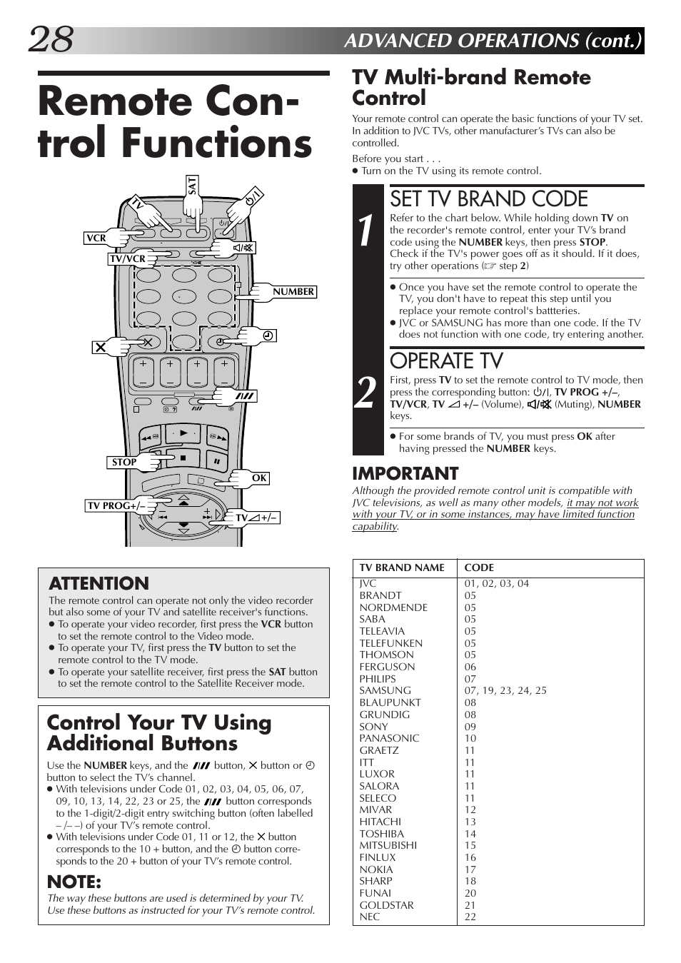 Remote con- trol functions, Set tv brand code, Operate tv | Advanced operations (cont.), Control your tv using additional buttons, Tv multi-brand remote control, Important, Attention | JVC HR-DD855EK User Manual | Page 28 / 60