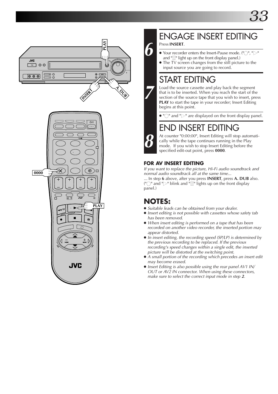 Engage insert editing, Start editing, End insert editing | JVC HR-DD855EK User Manual | Page 33 / 60