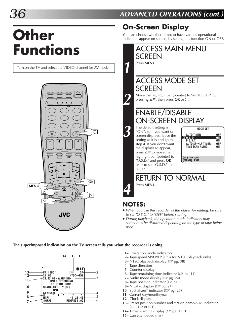 Other functions, Access main menu screen, Access mode set screen | Enable/disable on-screen display, Return to normal, Advanced operations (cont.), On-screen display | JVC HR-DD855EK User Manual | Page 36 / 60