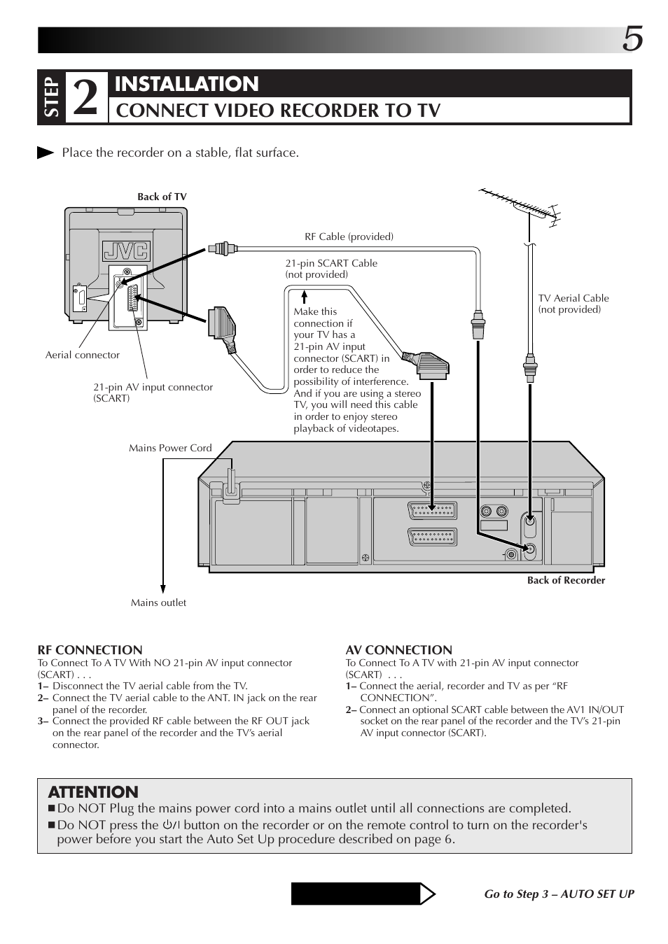 Step, Installation connect video recorder to tv, Attention | JVC HR-DD855EK User Manual | Page 5 / 60