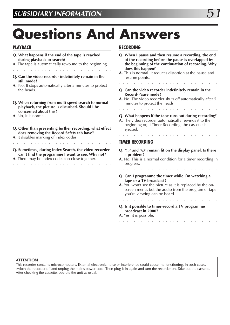 Questions and answers, Subsidiary information, Playback | Recording, Timer recording | JVC HR-DD855EK User Manual | Page 51 / 60