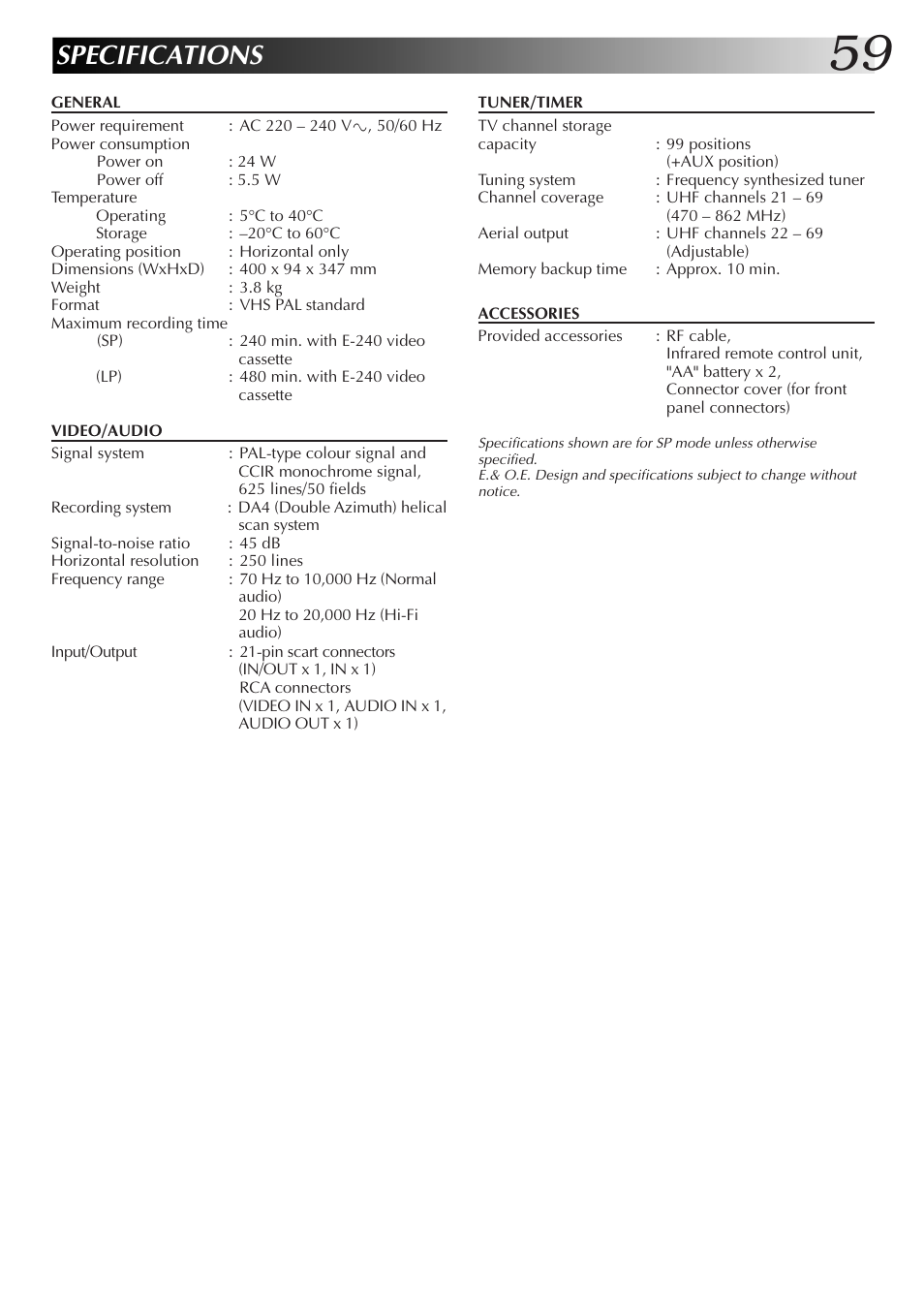 Specifications | JVC HR-DD855EK User Manual | Page 59 / 60