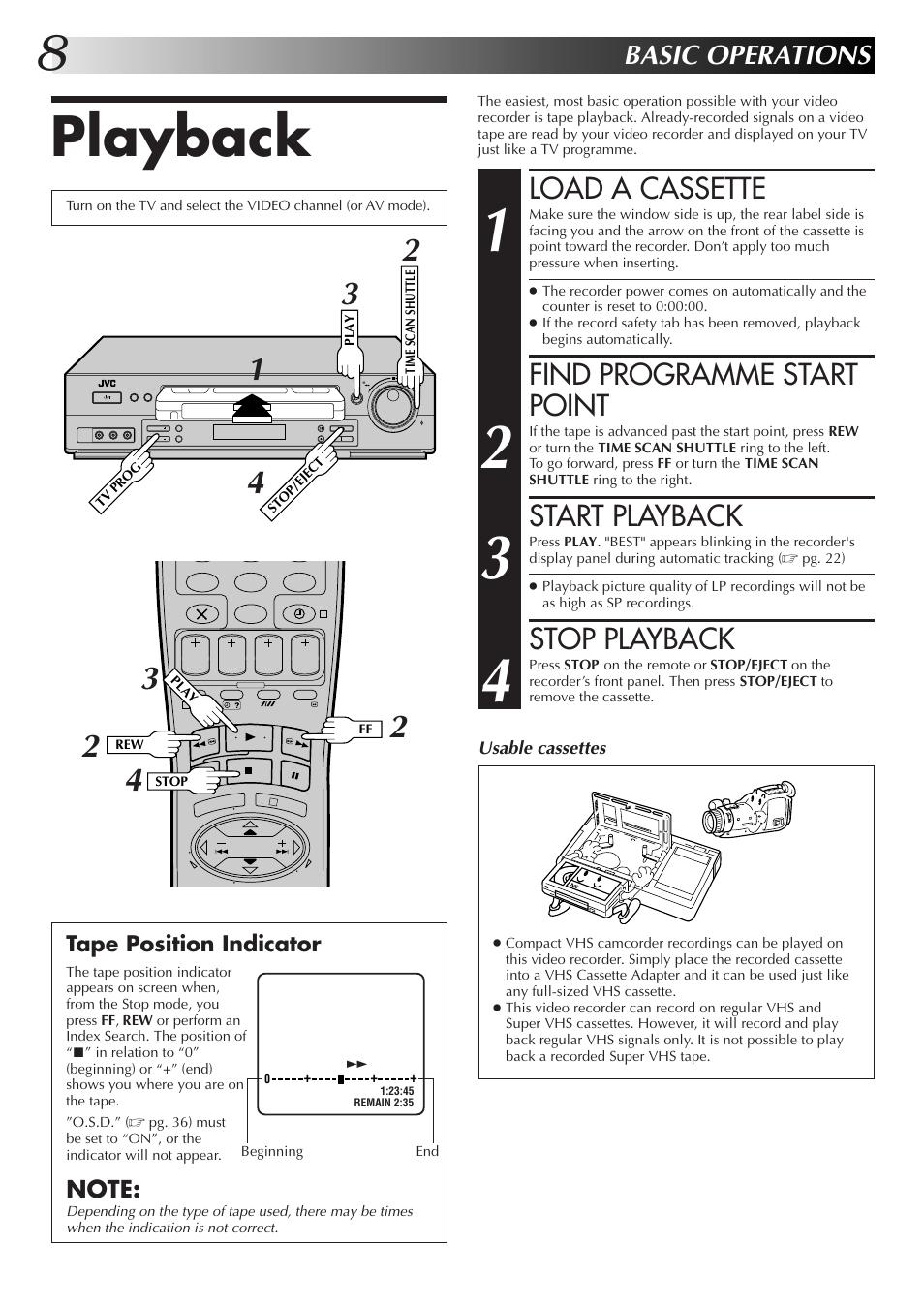 Playback, Load a cassette, Find programme start point | Start playback, Stop playback, Basic operations | JVC HR-DD855EK User Manual | Page 8 / 60