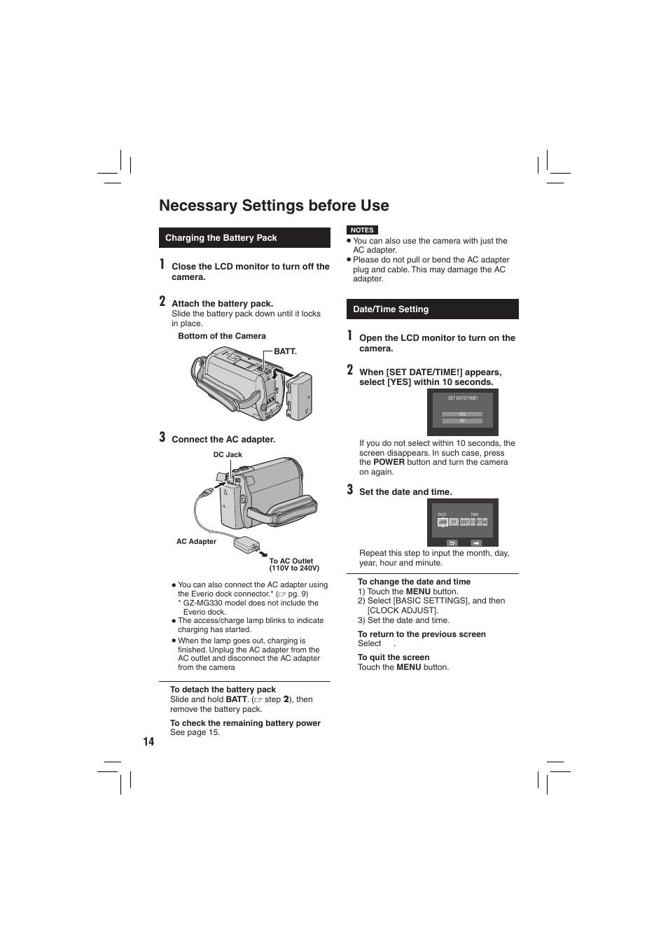 Necessary settings before use | JVC Everio GZ-MG335 User Manual | Page 14 / 42
