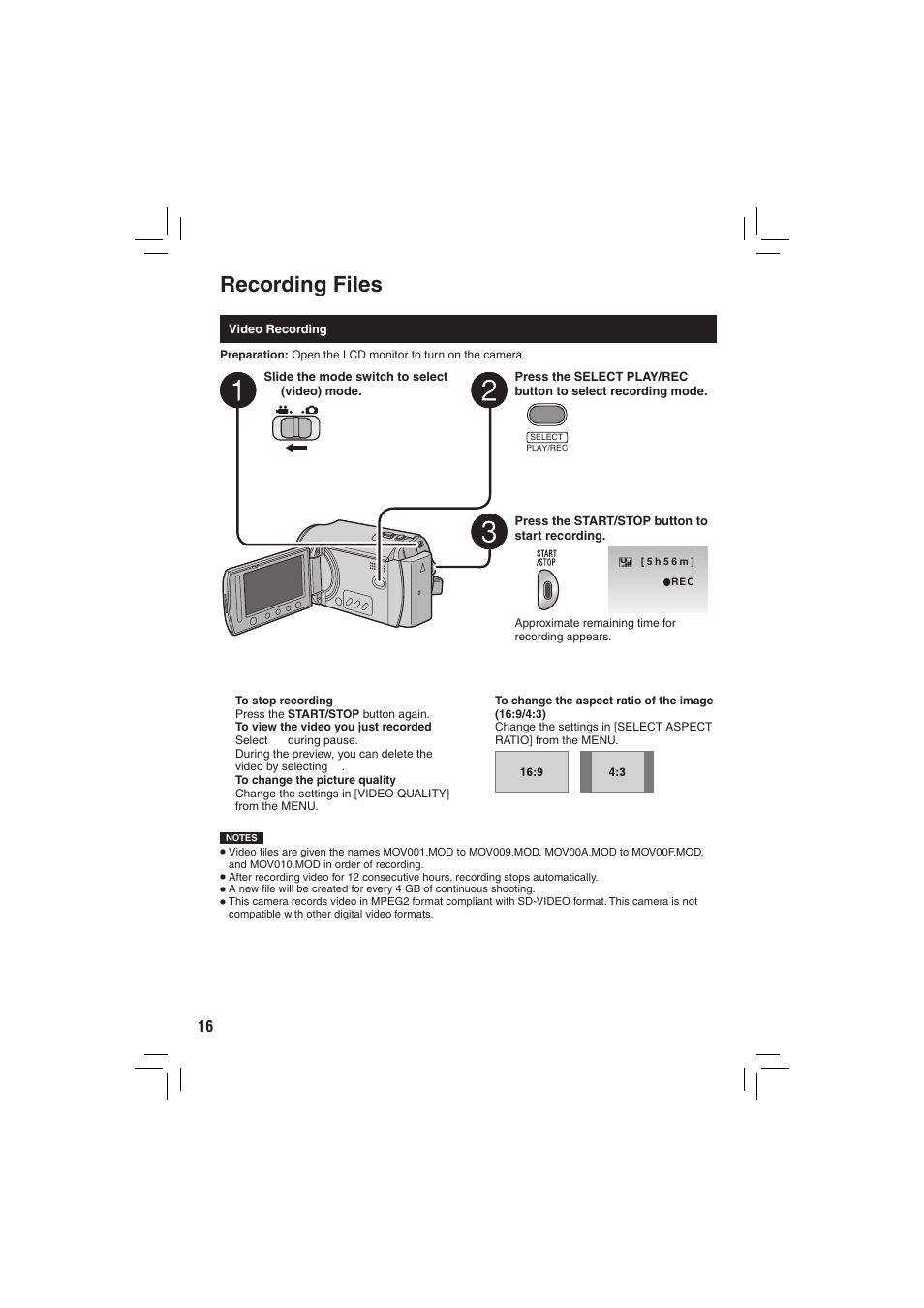 Recording, Recording files | JVC Everio GZ-MG335 User Manual | Page 16 / 42