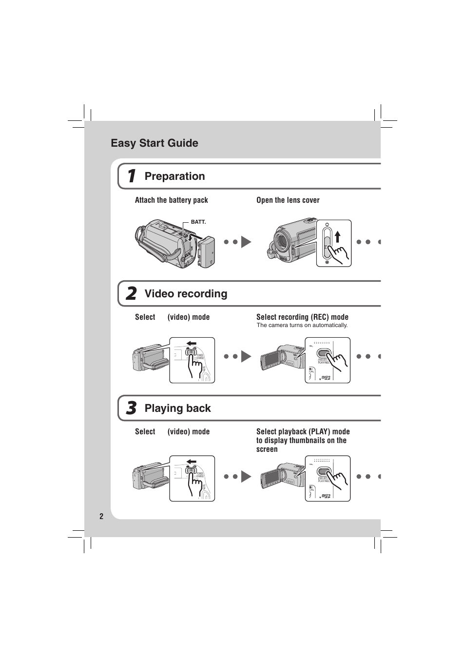 Easy start guide, Easy start guide preparation, Video recording | Playing back | JVC Everio GZ-MG335 User Manual | Page 2 / 42