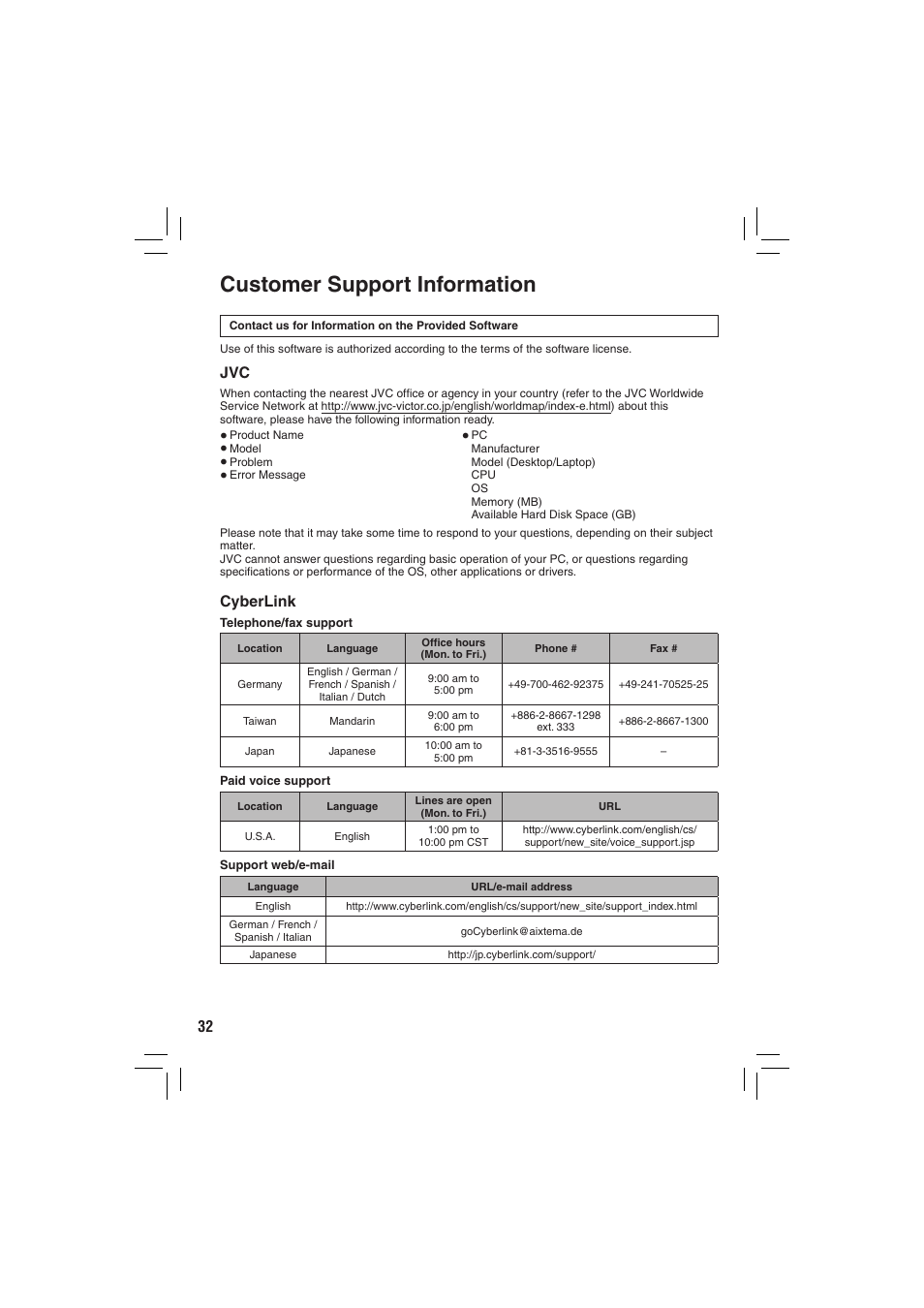 Customer support information, Cyberlink | JVC Everio GZ-MG335 User Manual | Page 32 / 42