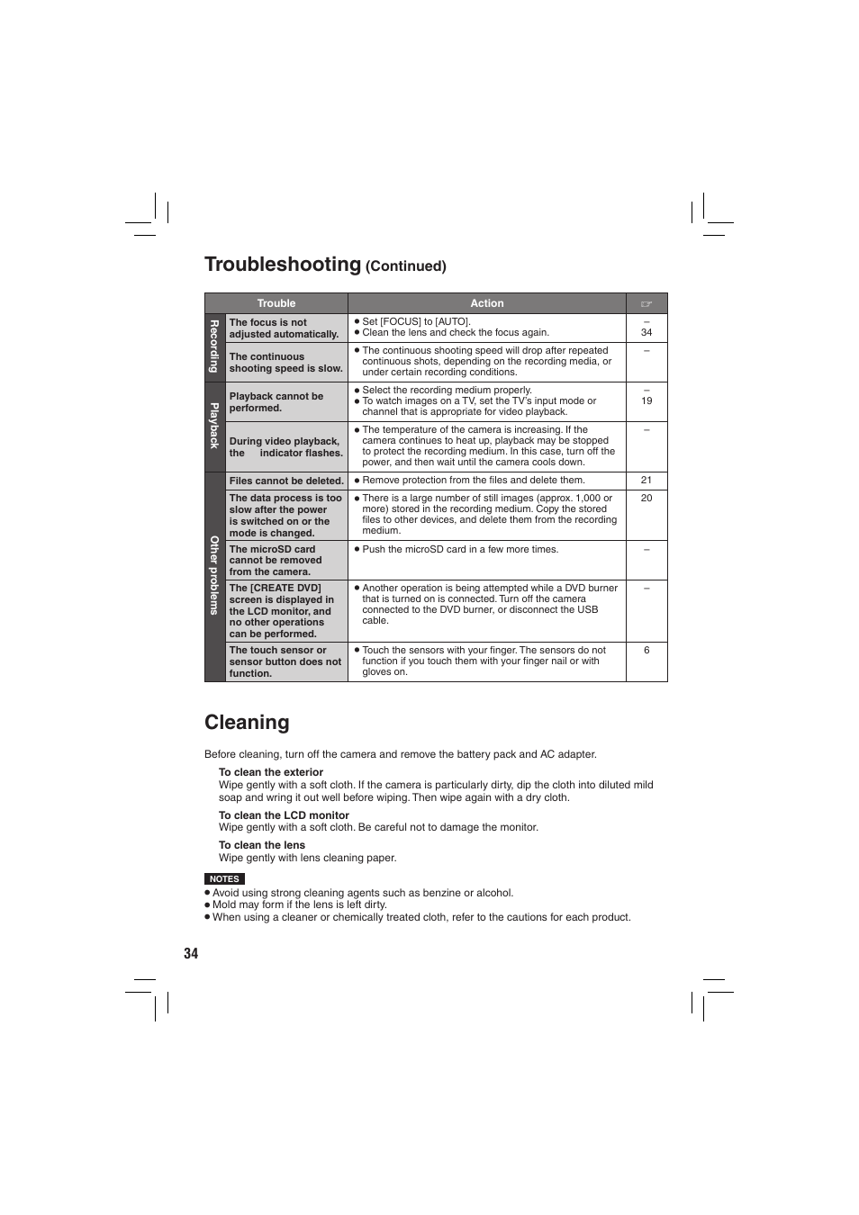 Cleaning, Troubleshooting | JVC Everio GZ-MG335 User Manual | Page 34 / 42