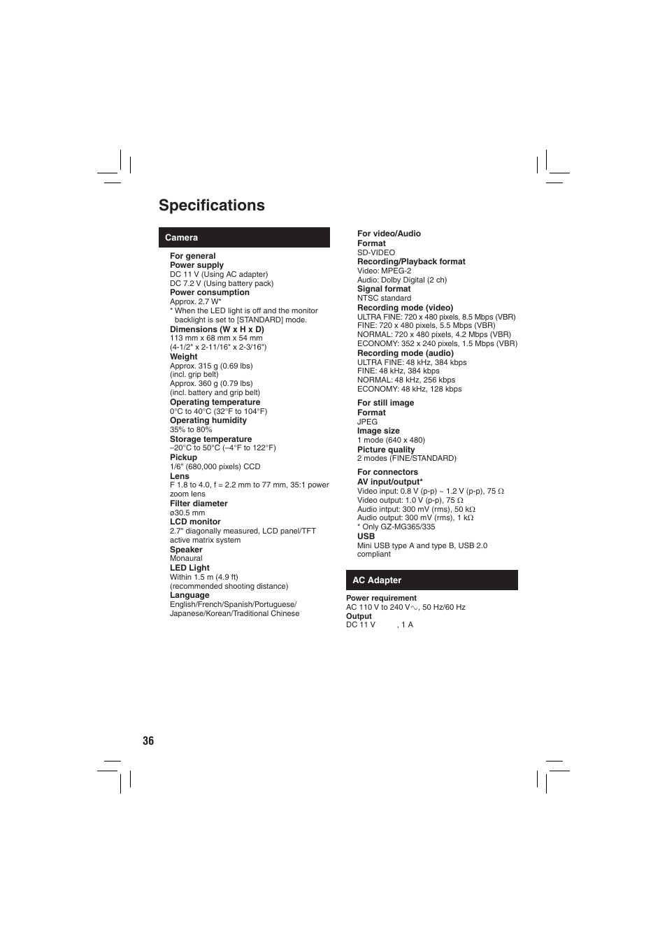 Specifications, Specifi cations | JVC Everio GZ-MG335 User Manual | Page 36 / 42