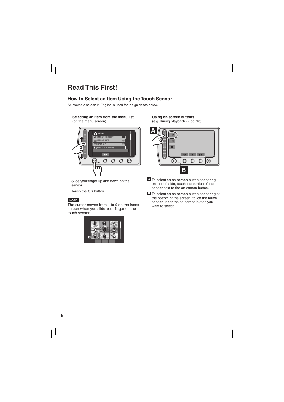 Read this first, How to select an item using the touch sensor | JVC Everio GZ-MG335 User Manual | Page 6 / 42