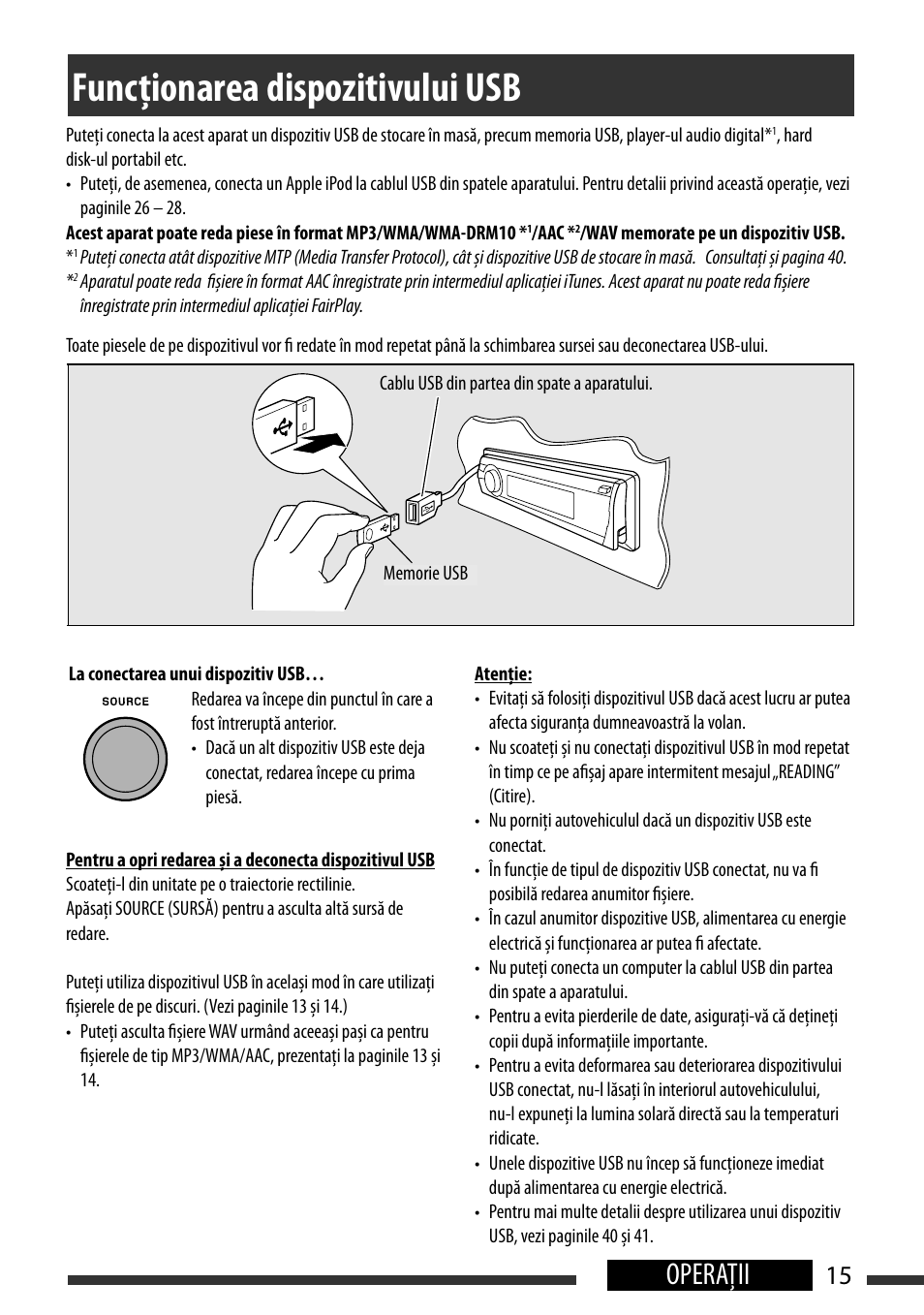 Funcţionarea dispozitivului usb, Listening to the usb device, Operaţii | English 15 operations, Cautions | JVC KD-BT22 User Manual | Page 17 / 52