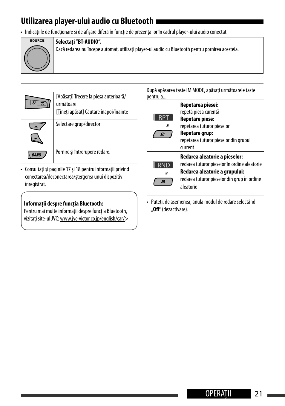Using the bluetooth audio player, Operaţii utilizarea player-ului audio cu bluetooth, English 21 operations | JVC KD-BT22 User Manual | Page 23 / 52