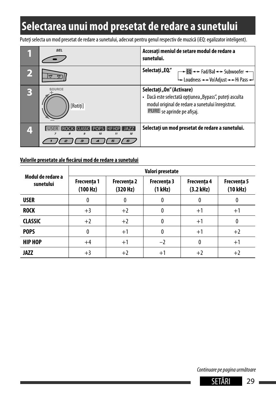 Selectarea unui mod presetat de redare a sunetului, Selecting a preset sound mode, Setări | English 29 settings | JVC KD-BT22 User Manual | Page 31 / 52