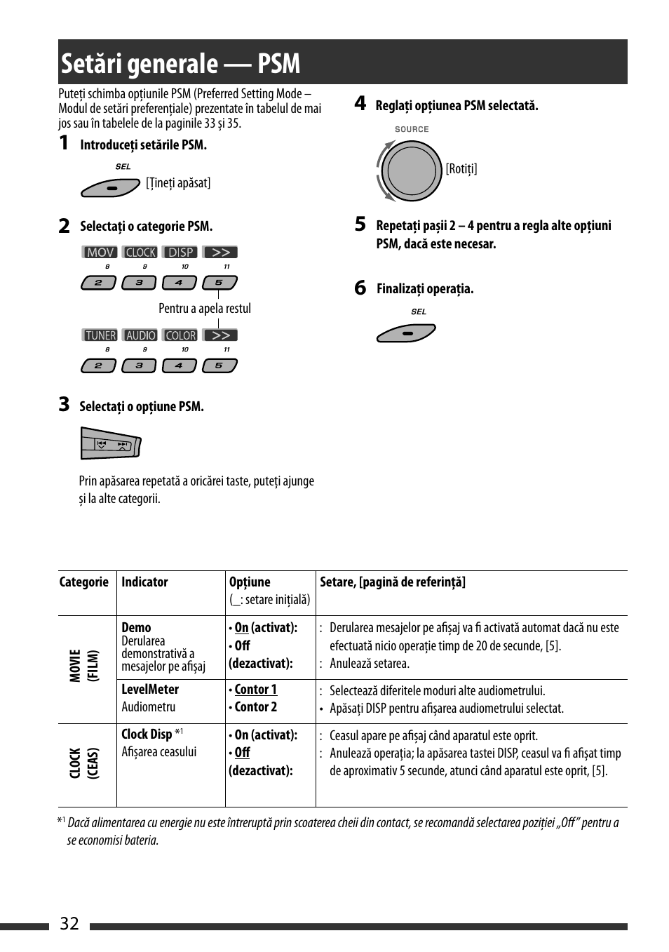 Setări generale — psm, General settings — psm, English 32 | JVC KD-BT22 User Manual | Page 34 / 52