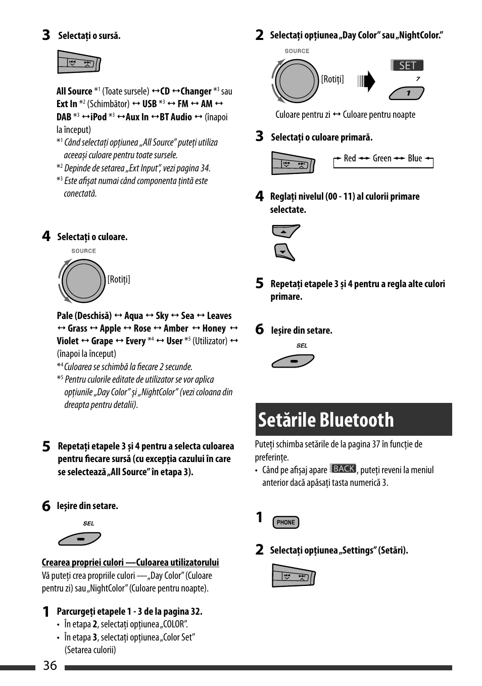 Setările bluetooth, Bluetooth settings, English 36 | Creating your own color—user color | JVC KD-BT22 User Manual | Page 38 / 52