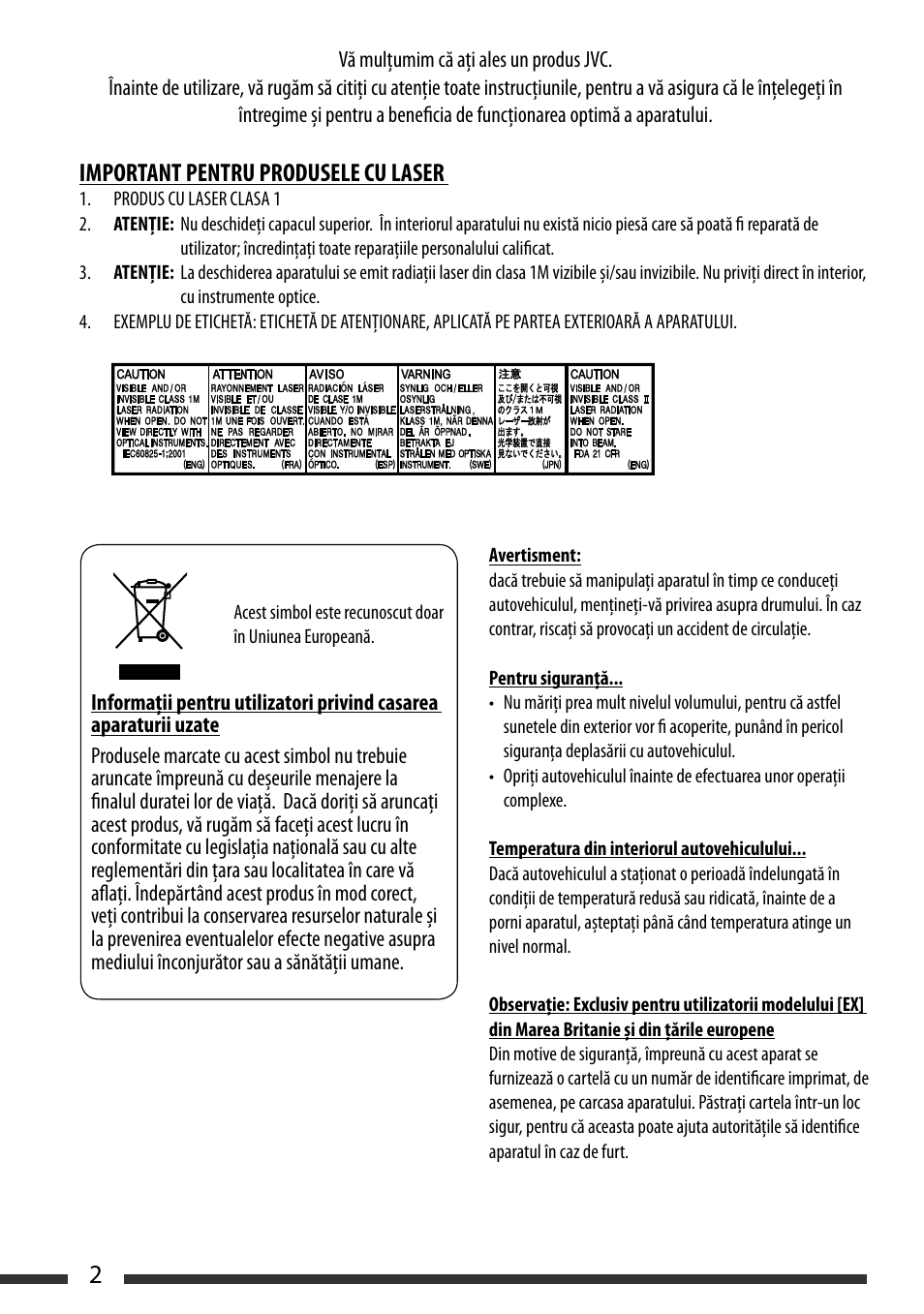 English 2, Important pentru produsele cu laser | JVC KD-BT22 User Manual | Page 4 / 52