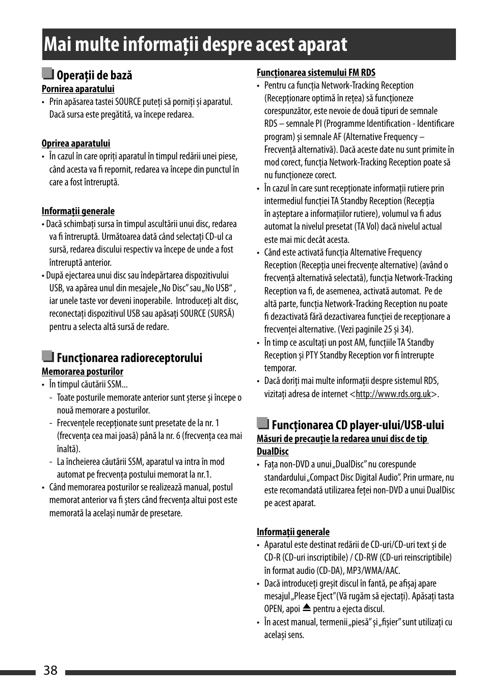 Mai multe informaţii despre acest aparat, More about this unit, Disc/usb operations | Basic operations, Tuner operations, English 38 | JVC KD-BT22 User Manual | Page 40 / 52